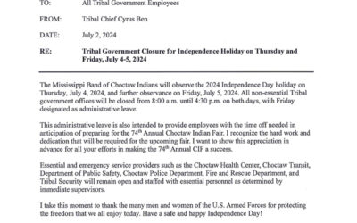 Tribal Government Closure for Independence Holiday on Thursday and Friday, July 4-5, 2024